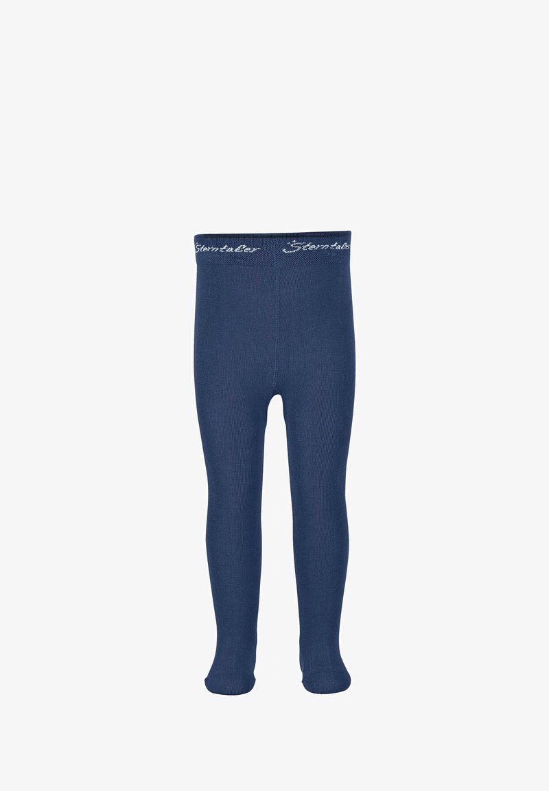 Marineblaue Kinderstrumpfhosen mit glatter Textur, ausgestattet mit einem gestickten Logo auf dem Bund. Das Design ist einfach und körperbetont.