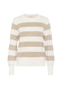 Sweter w paski w odcieniach kremowym i beżowym, z długimi rękawami, okrągłym dekoltem i marszczonymi mankietami. Miękki, teksturowany materiał z poziomymi paskami.