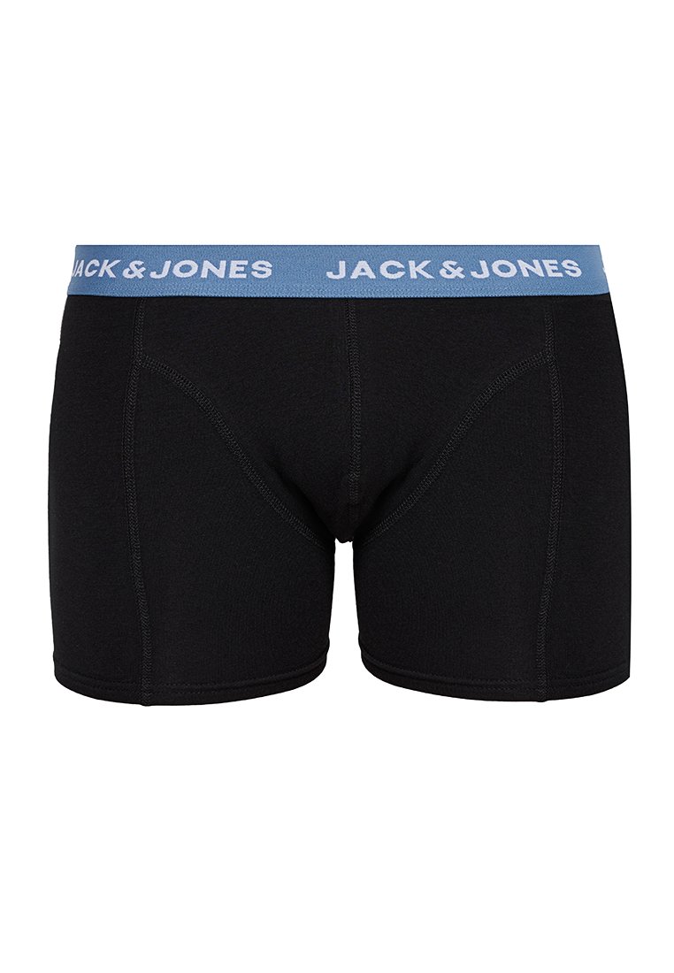 Mustad mustad aluspesu pehmest kangast, millel on sinine elastne vöökoht, millel on kirjas "JACK & JONES". Sile pind ja õmmeldud õmblused.