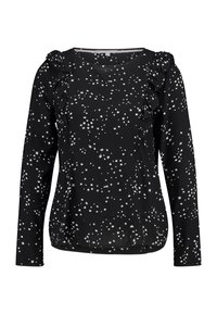 Blouse noire à manches longues avec imprimé étoiles blanches, accents volantés aux épaules et encolure arrondie. Tissu doux et lisse.