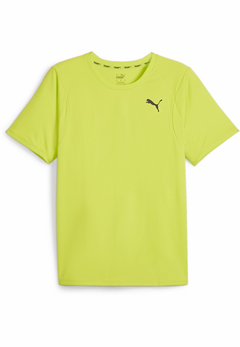 Lühikeste varrukatega sportlik särk erksas laimis rohelises värvitoonis, tekstuuriga viimistlusega, rinnal must Puma logo. Klassikaline ümar kaelus.