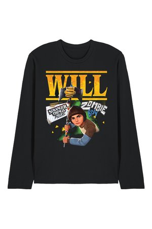 Black long-sleeve shirt with graphic of a boy holding a weapon, large yellow "WILL" text, and "Stranger Things Tales from the 80s" and "Zombie Boy" phrases.