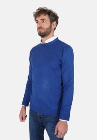 Maglione a maglia blu con scollo rotondo, maniche lunghe e polsini a costine. Abbinato a una camicia bianca con colletto sotto.