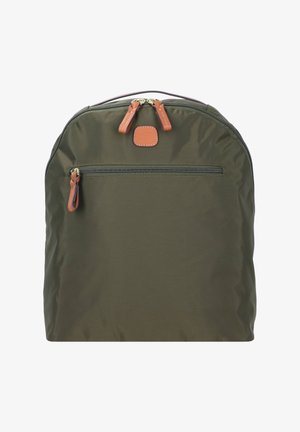 Olive green nylon backpack with two brown leather zipper pulls, a front zip pocket, and a top handle for carrying. Smooth texture, rounded shape.