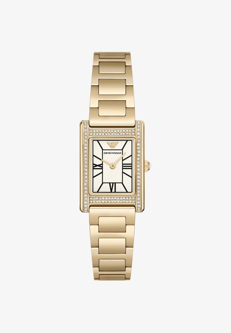 Goldfarbene Emporio Armani Armbanduhr mit rechteckigem Zifferblatt, römischen Ziffern, Kristallakzenten und einem Gliederarmband aus Metall.