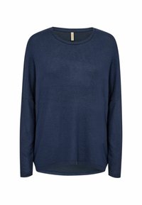Navy long-sleeve top, made of soft fabric, featuring a round neck, slightly relaxed fit, and a rounded hem. No visible patterns or accents.