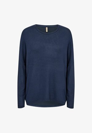 Marinblå långärmad topp, tillverkad av mjukt tyg, med rund hals, något avslappnad passform och rundad nederkant. Inga synliga mönster eller detaljer.