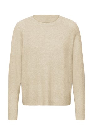 Bežs džemperis, kas izgatavots no mīksta, teksturēta adījuma. Tā iezīmes ir apaļa kakla izgriezums un garas, nedaudz sašaurinātas piedurknes, kas nodrošina brīvu piegulšanu.