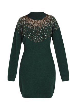 Grøn strikket kjole med lange ærmer, høj hals og et pailletdesign på den øverste del af overkroppen. Glat tekstur, tætsiddende silhuet.