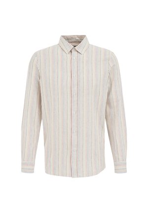 Striped button-up shirt featuring long sleeves, pointed collar, and a soft, lightweight fabric in beige with pastel vertical stripes.