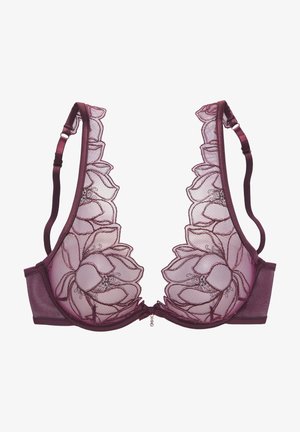 Spitzen-BH in tiefem Burgunderrot mit floralen Stickereien an den Kanten, transparenten Cups und verstellbaren Trägern. Mit einem kleinen Akzentdetails in der Mitte.