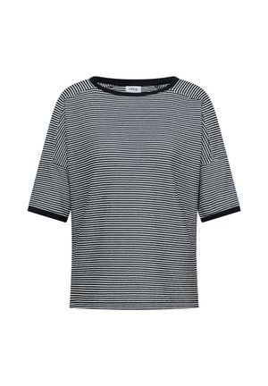 Czarnobiały krótki sweter z krótkim rękawem, z małym poziomym wzorem w paski i okrągłym dekoltem z czarną lamówką.