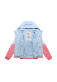 Light blue, pink, and white hooded jacket opened to show light blue interior with zipper pocket and sewn-in fabric labels.