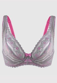 Koronkowy stanik w odcieniu szarym z różowymi akcentami. Posiada kwiatowy wzór, falbany na brzegach oraz małą kokardkę na środku. Regulowane ramiączka.