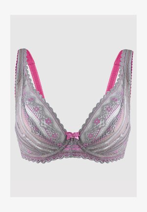 Koronkowy stanik w odcieniu szarym z różowymi akcentami. Posiada kwiatowy wzór, falbany na brzegach oraz małą kokardkę na środku. Regulowane ramiączka.