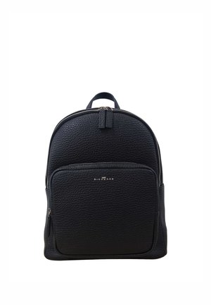 Zaino in pelle nera strutturata con tasca frontale con zip e manico superiore, marchiato con logo "John Richmond".