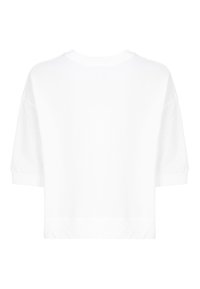 Witte cropped pullover met korte mouwen. Zachte stof, ronde halslijn en een ontspannen pasvorm. Geen zichtbare logo's of versieringen.