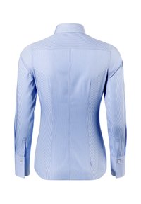 Camicetta a maniche lunghe a righe blu e bianche con colletto a punta, design aderente e polsini con bottoni. Presenta righe verticali su tutta la superficie.