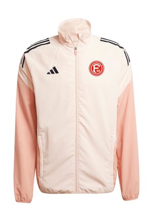Hellrosa Sportjacke mit durchgehendem Reißverschluss, dunkleren rosa Ärmeln, schwarzem Adidas-Logo und Streifen sowie rotem rundem F95-Team-Emblem auf der Brust.