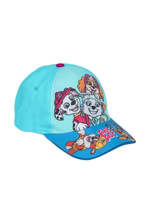 Kinderkappe aus türkisfarbenem Stoff, mit farbenfrohen Cartoon-Hundecharakteren auf der Vorderseite und einem blauen Schirm mit dem Text "Team Paw Patrol".