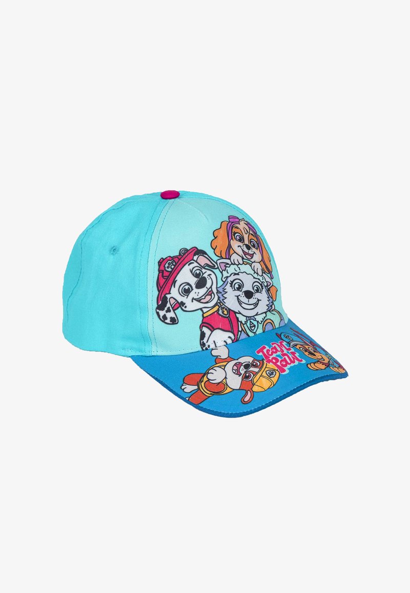 Cappellino per bambini realizzato in tessuto turchese, con vivaci personaggi di cartoon cani sulla parte anteriore e una visiera blu con il testo "Team Paw Patrol".