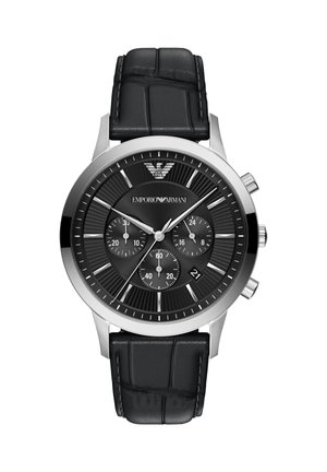 Emporio Armani schwarze Chronograph-Uhr mit silbernem Gehäuse, drei Subzifferblättern, Datumsfenster, silbernen Zeigern, Markierungen und schwarzem Lederarmband.