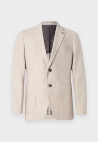 Blazer en lin beige avec deux poches avant, deux boutons, revers crantés et une doublure à motif gris foncé. Design épuré et tissu texturé.
