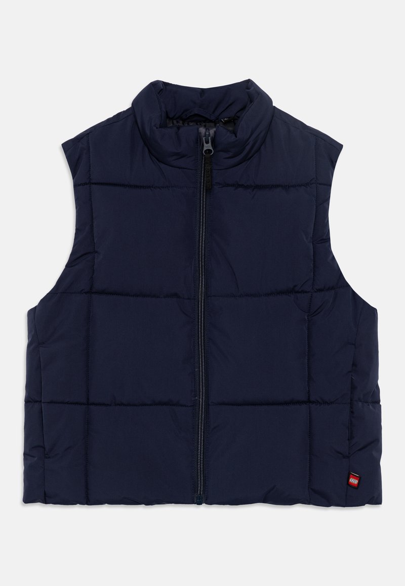 Ναυτικό γιλέκο με ψηλό γιακά, πλήρη φερμουάρ και χωρίς μανίκια. Διαθέτει ραμμένα τμήματα και μια μικρή ετικέτα λογότυπου στο τελείωμα.