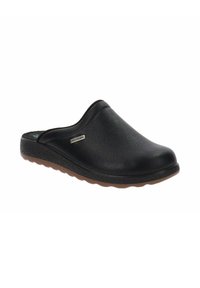 Zoccoli neri slip-on realizzati in materiale testurizzato con suola sagomata. Presentano un plantare imbottito e un logo discreto sul lato.