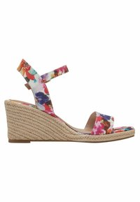 Sandalo a zeppa con motivo floreale, tacco in iuta intrecciata, punta aperta e cinturino alla caviglia. I colori includono rosa, viola, arancione e accenti bianchi.