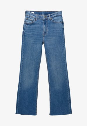 Blauwe denim jeans met een hoge taille, knoop- en ritssluiting, vijf zakken en wijde rechte benen.