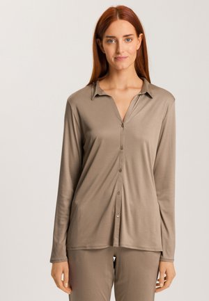 Long-sleeve button-up shirt in taupe, made from soft fabric with a collar and a straight hem, featuring front buttons and a relaxed fit.