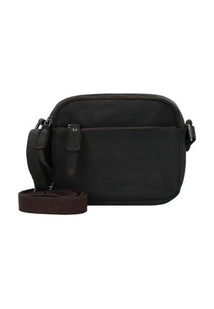 Bolso bandolera de cuero negro con cierre de cremallera, correa ajustable y detalles de costura sutiles. Textura suave con un diseño minimalista.