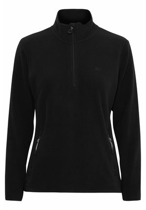 Black fleece pullover with a high collar, half-zip opening, and two side zip pockets. Features a smooth texture and a subtle logo.