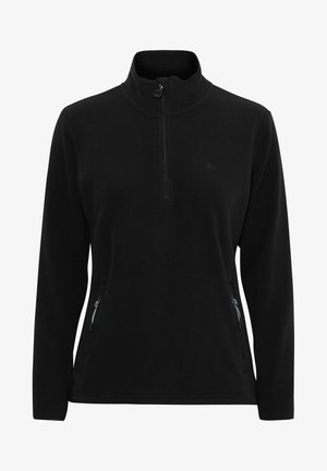 Schwarzer Fleece-Pullover mit hohem Kragen, halber Reißverschlussöffnung und zwei seitlichen Reißverschlusstaschen. Hat eine glatte Textur und ein dezentes Logo.