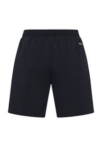 Pantaloni corti neri realizzati in tessuto leggero e liscio, dotati di una vita elastica e di una tasca posteriore con logo.