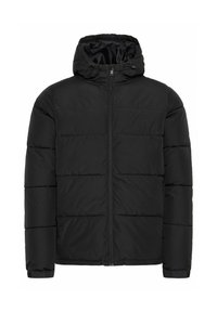 Black puffer jacket with a hood, quilted design, full front zip, elastic cuffs, and a smooth inner lining. Made of lightweight, insulated material.