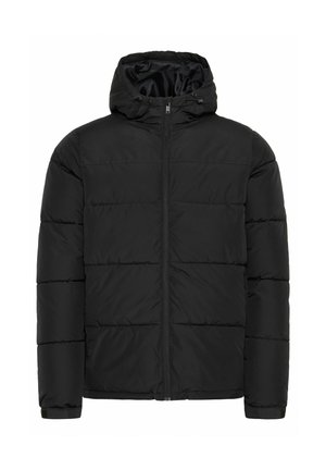 Doudoune noire avec capuche, design matelassé, zip frontal complet, poignets élastiques et doublure intérieure lisse. Fabriquée en matériau léger et isolant.