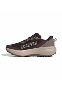 Black and beige Gore-Tex running shoe with thick sole, lace-up front, and pull tab at heel.