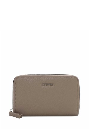Beige leather wallet with a textured surface, zip closure, and a logo embossed on the front. Rectangular shape with rounded corners.