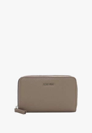 Beige leather wallet with a textured surface, zip closure, and a logo embossed on the front. Rectangular shape with rounded corners.