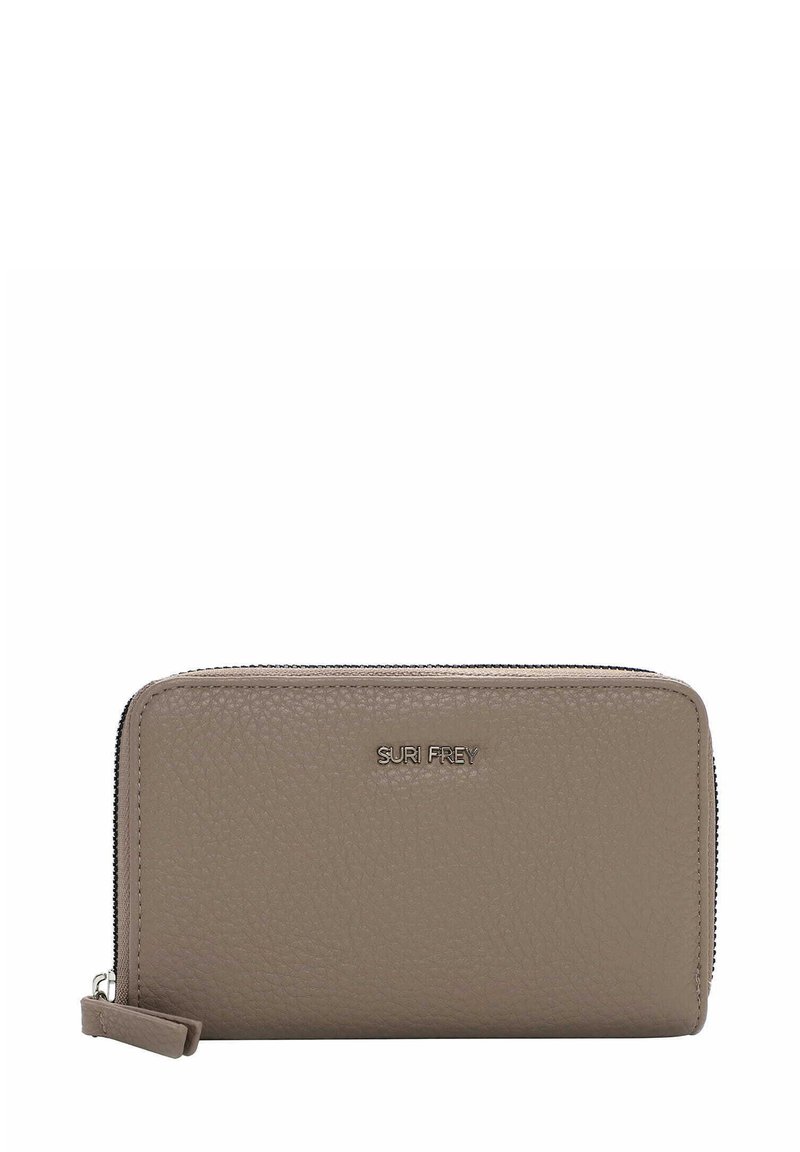 Beige leather wallet with a textured surface, zip closure, and a logo embossed on the front. Rectangular shape with rounded corners.