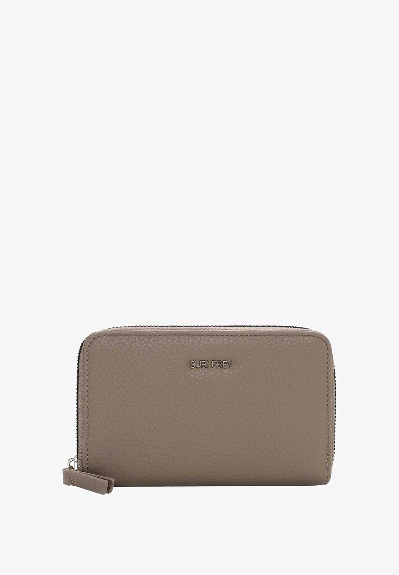 Beige leather wallet with a textured surface, zip closure, and a logo embossed on the front. Rectangular shape with rounded corners.