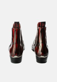 Leather ankle boots with a glossy, red and black gradient finish, elastic side panels, and a pull tab at the back. Smooth texture, rounded toe.