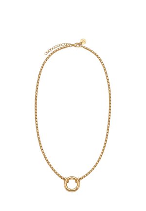 Gold chain necklace with a small round interlocking loop pendant and an adjustable extension chain with a clasp.
