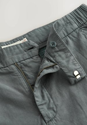 Sivé nohavice s predným zipsom a mosadzným zipsom, modrým gombíkom na zapínanie a prešitým pásom. Mäkká textúra s minimalistickým dizajnom.