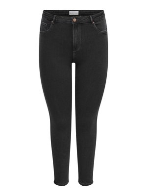 Mustat korkeavyötäröiset skinny-farkut edessä napilla, vetoketjulla ja viiden taskun mallilla, valkoista taustaa vasten esitettynä.