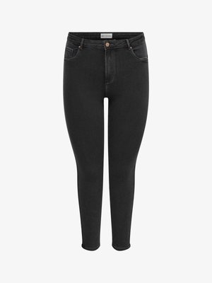 Mustat korkeavyötäröiset skinny-farkut edessä napilla, vetoketjulla ja viiden taskun mallilla, valkoista taustaa vasten esitettynä.