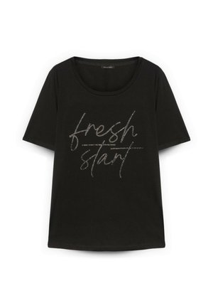 Czarny t-shirt z krótkim rękawem i dekoltem w serek z błyszczącym napisem „fresh start” w stylu kursywy na przodzie.