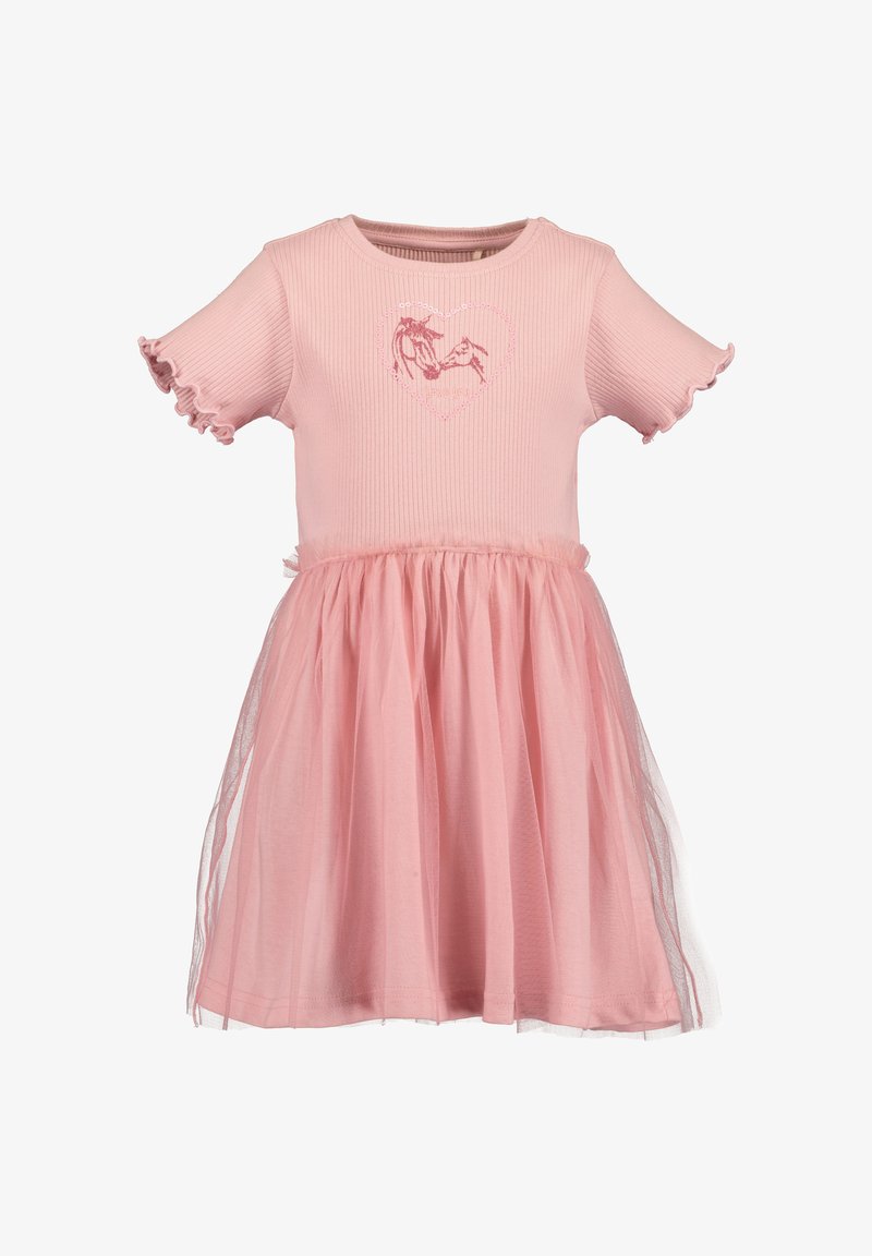 Robe rose avec un haut côtelé, des manches courtes à volants et une jupe en tulle. Présente un motif de licorne en forme de cœur sur le corsage.